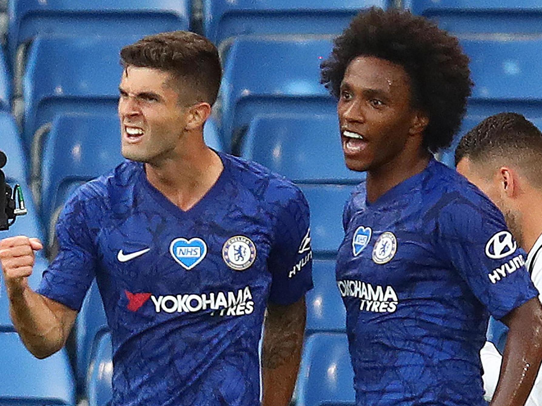 Chelsea’s goalscorers Christian Pulisic (left) and Willian celebrate together
