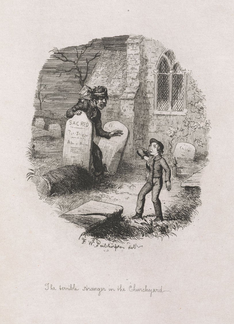 A depiction of Pip’s terrifying first encounter with Magwitch