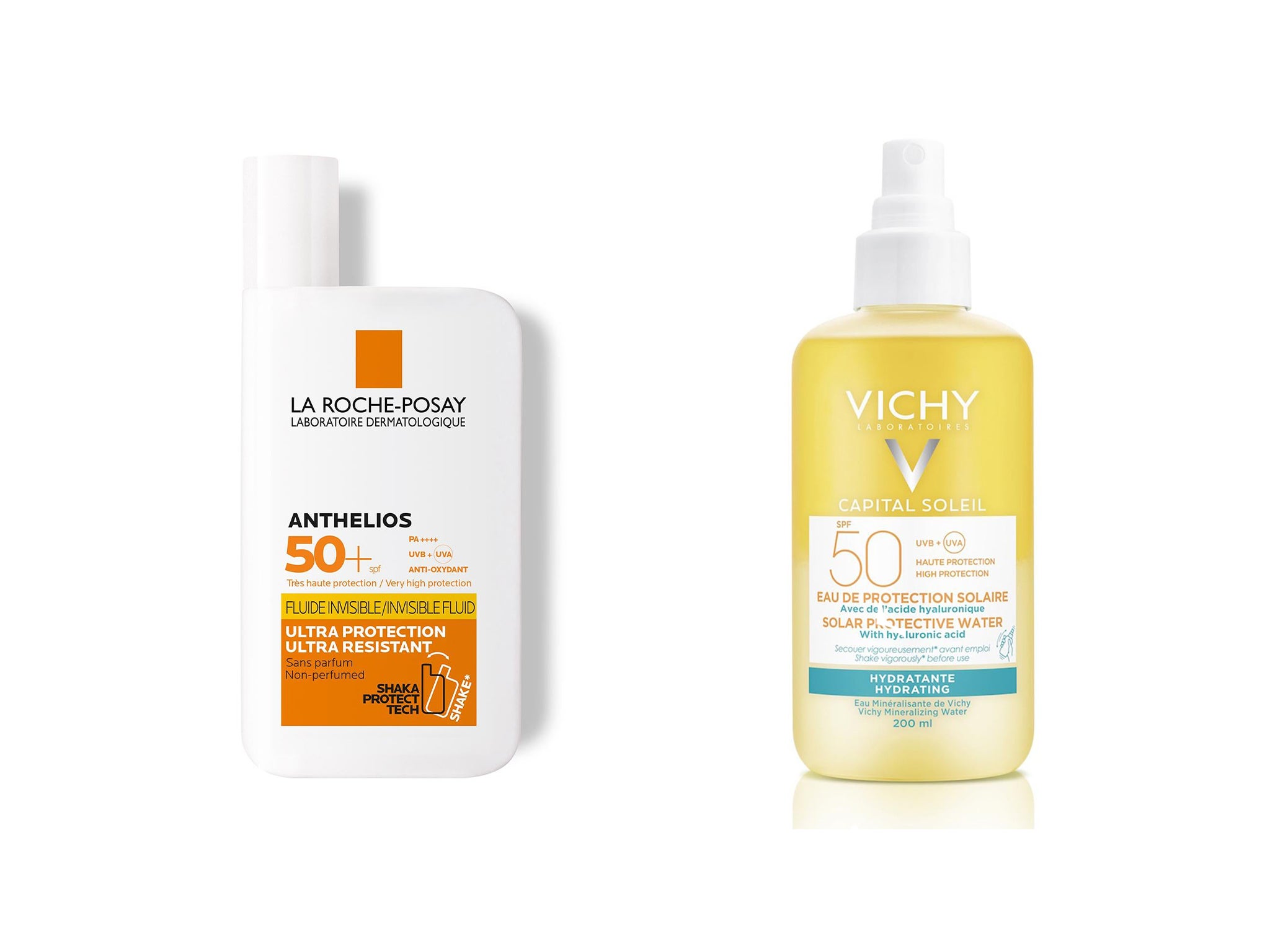 Apply and reapply sunscreen to stay protected during the hot weather on your staycation (left, Boots, right, Vichy)