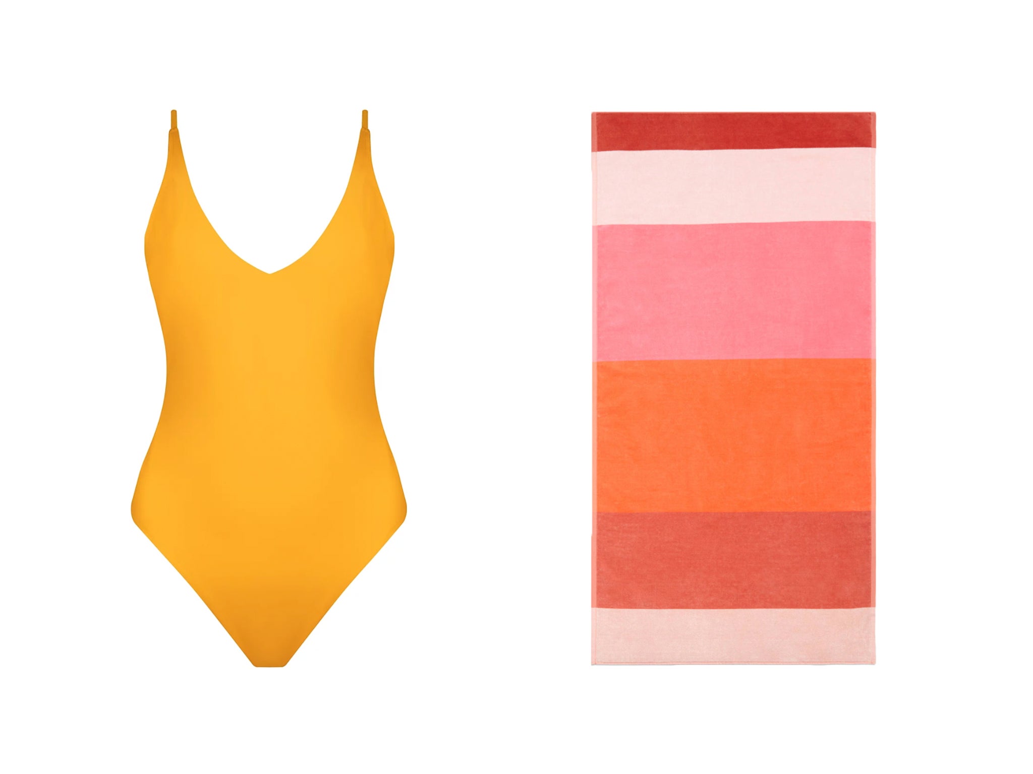 If you're heading somewhere sunny, make sure you're kitted out in eco-friendly swimwear and bright beach towels (left, Kamba, right John Lewis &amp; Partners)