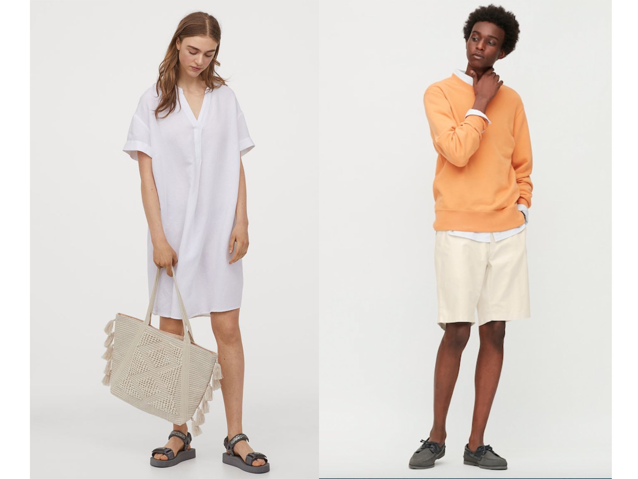 Stay cool in breathable fabrics such as these linen outfits (left, H&amp;M, right, Uniqlo)