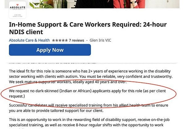 The company said the appeal for ‘dark-skinned’ people not to submit an application for the role was made because of a ‘client request’