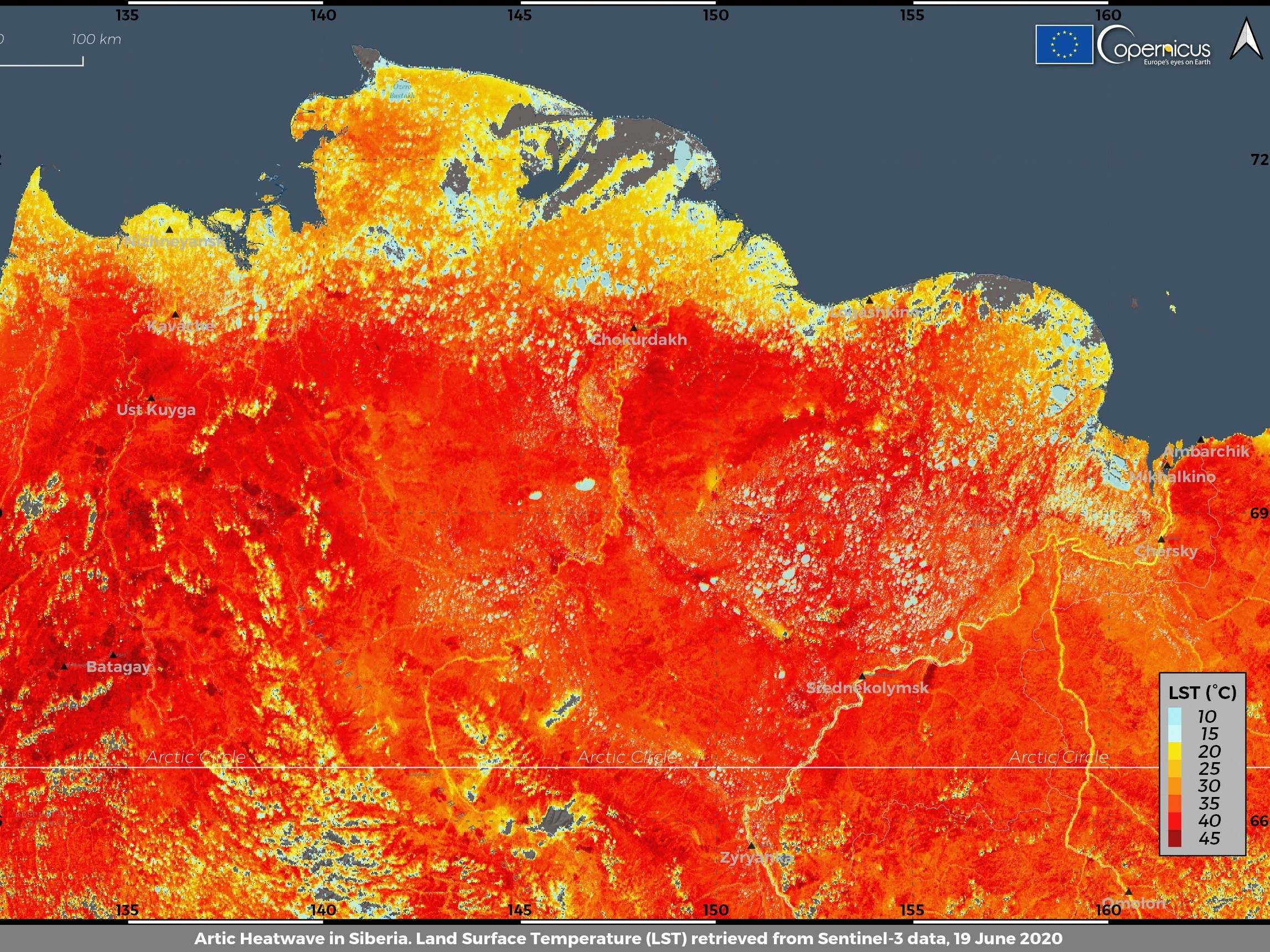 This photo taken on Friday, June 19, 2020 and provided by ECMWF Copernicus Climate Change Service shows the land surface temperature in the Siberia region of Russia