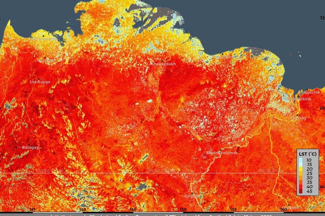 This photo taken on Friday, June 19, 2020 and provided by ECMWF Copernicus Climate Change Service shows the land surface temperature in the Siberia region of Russia