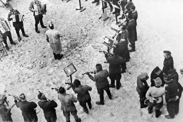 Prisoners playing music at Lwow (now Lviv, Ukraine) concentration camp