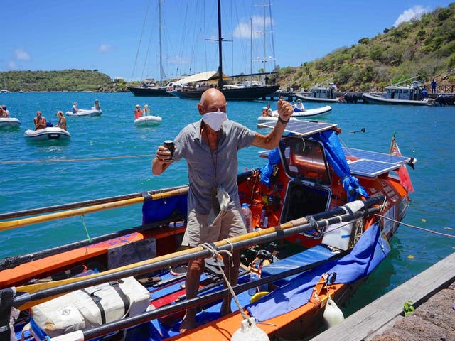 Graham Walters, a 72-year-old British solo rower from Leicester, arrives into Antigua in late April