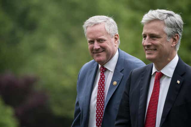 WASHINGTON, DC - MAY 25: White House Chief of Staff Mark Meadows and U.S. National Security Advisor Robert C. O'Brien arrive to the South Lawn of the White House after a trip to Baltimore, Maryland on May 25, 2020 in Washington, DC. The Trumps attended a Memorial Day ceremony at the Fort McHenry National Monument and Historic Shrine despite objections by Baltimore Mayor Bernard C. Jack Young, whose residents remain under a stay-at-home order due to the coronavirus.