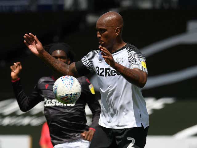 Andre Wisdom in action for Derby County against Reading