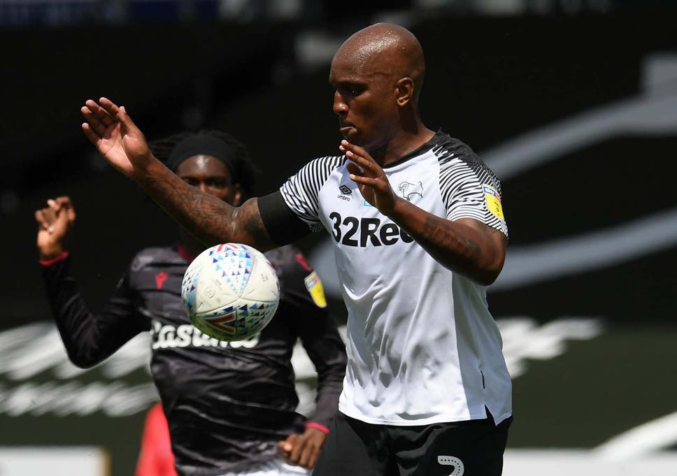 Andre Wisdom in action for Derby County against Reading