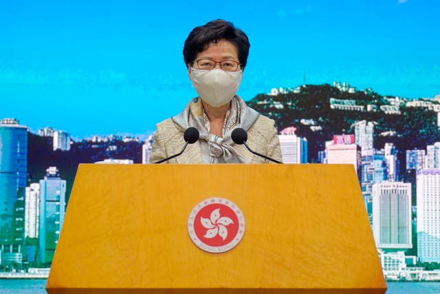 Hong Kong chief executive Carrie Lam speaks at a weekly press conference on Tuesday, 30 June, as Beijing passed a controversial new national security law