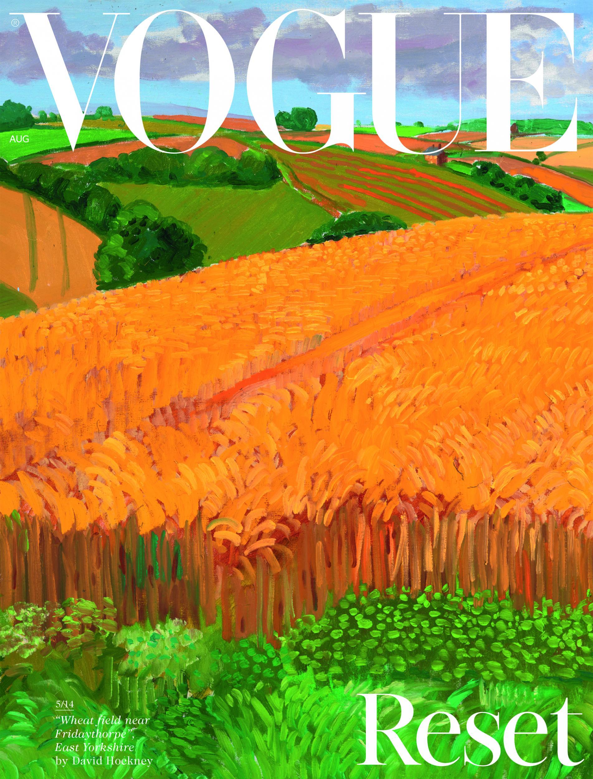 David Hockney's painting "Wheat field near Fridaythorpe, EastYorkshire" is the first landscape to feature on the magazine's August cover (British Vogue)