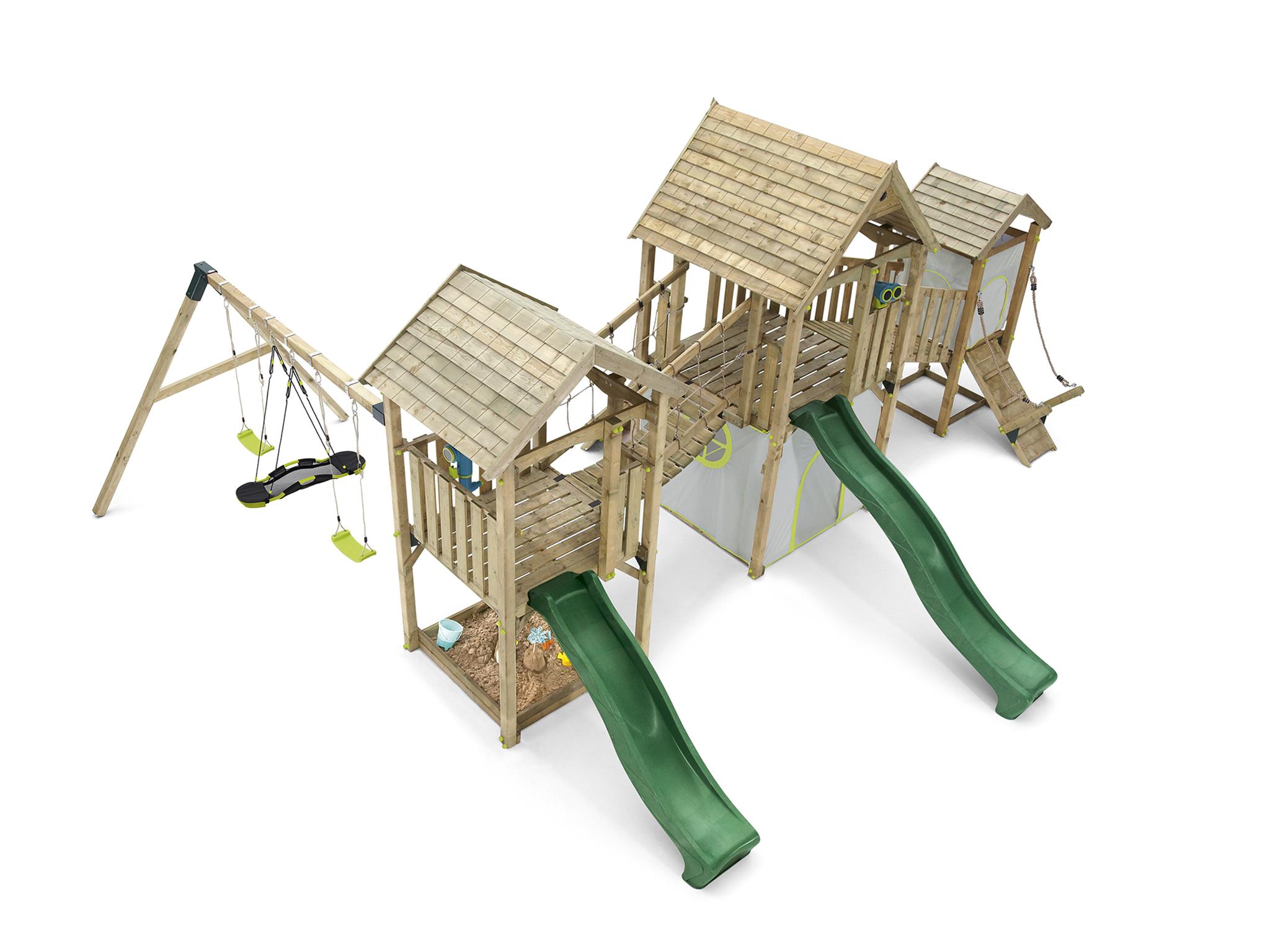 lookout tower wooden climbing frame with swings