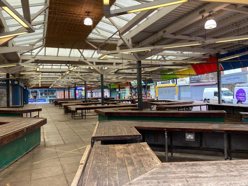 An empty Leicester Market – though some businesses are continuing to trade