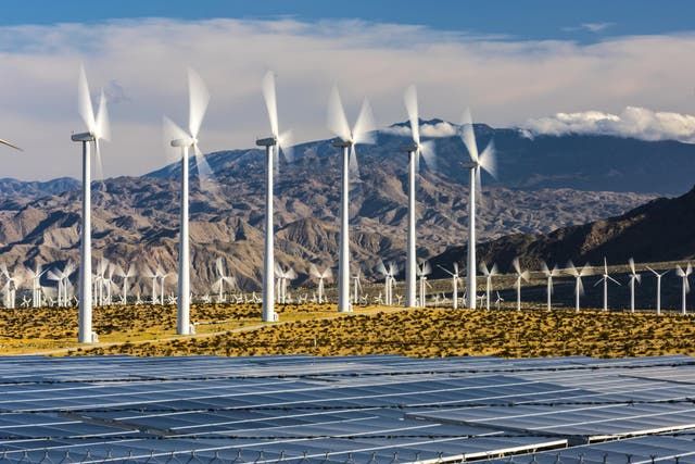 Wind farm with solar panels in southern California