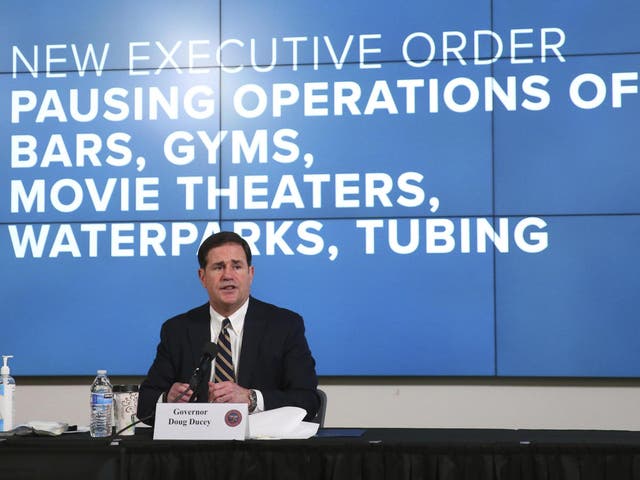Arizona governor Doug Ducey announces a new executive order in response to the rising Covid-19 cases in the state,