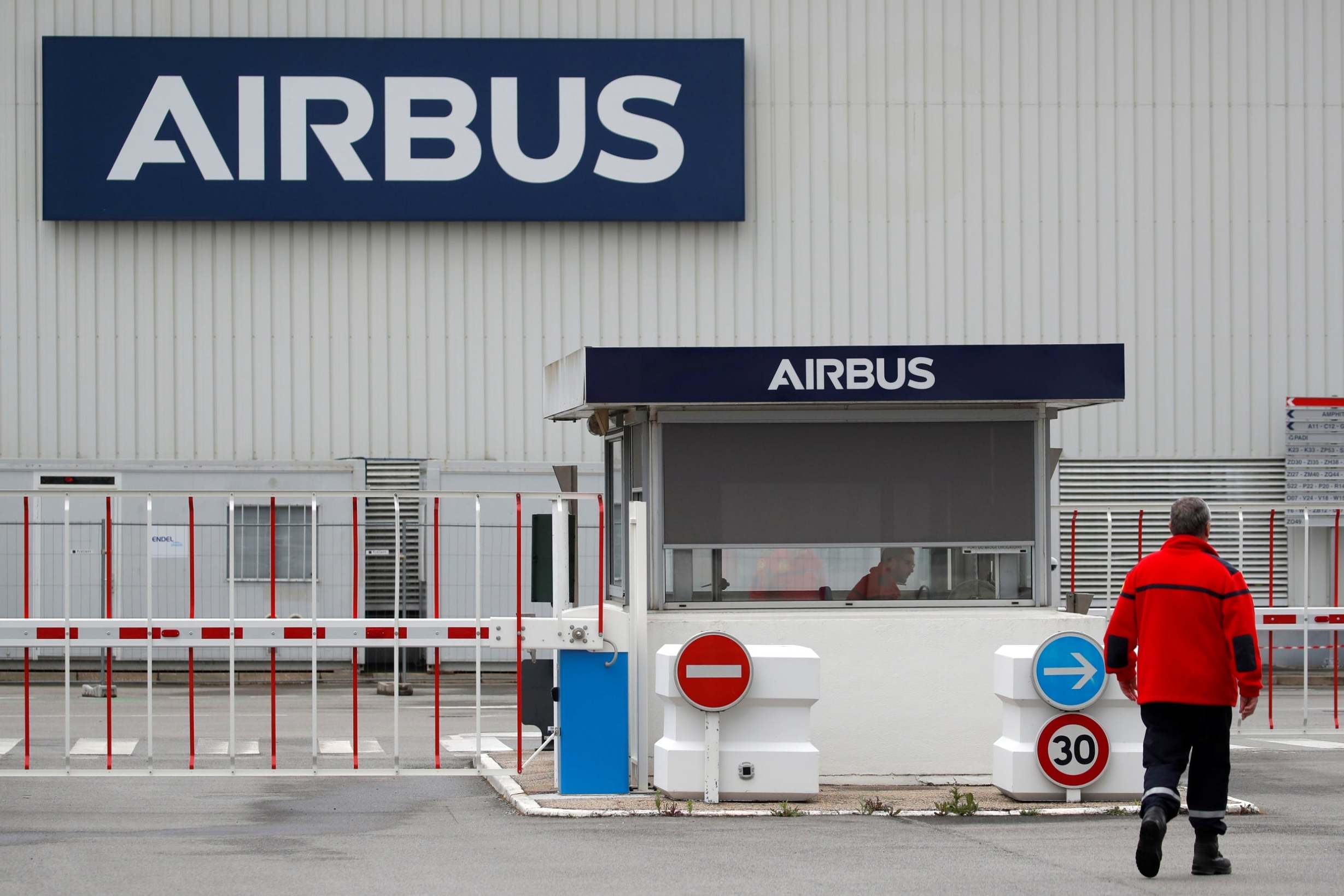 The logo of Airbus is pictured at the entrance of the Airbus facility in Bouguenais, near Nantes