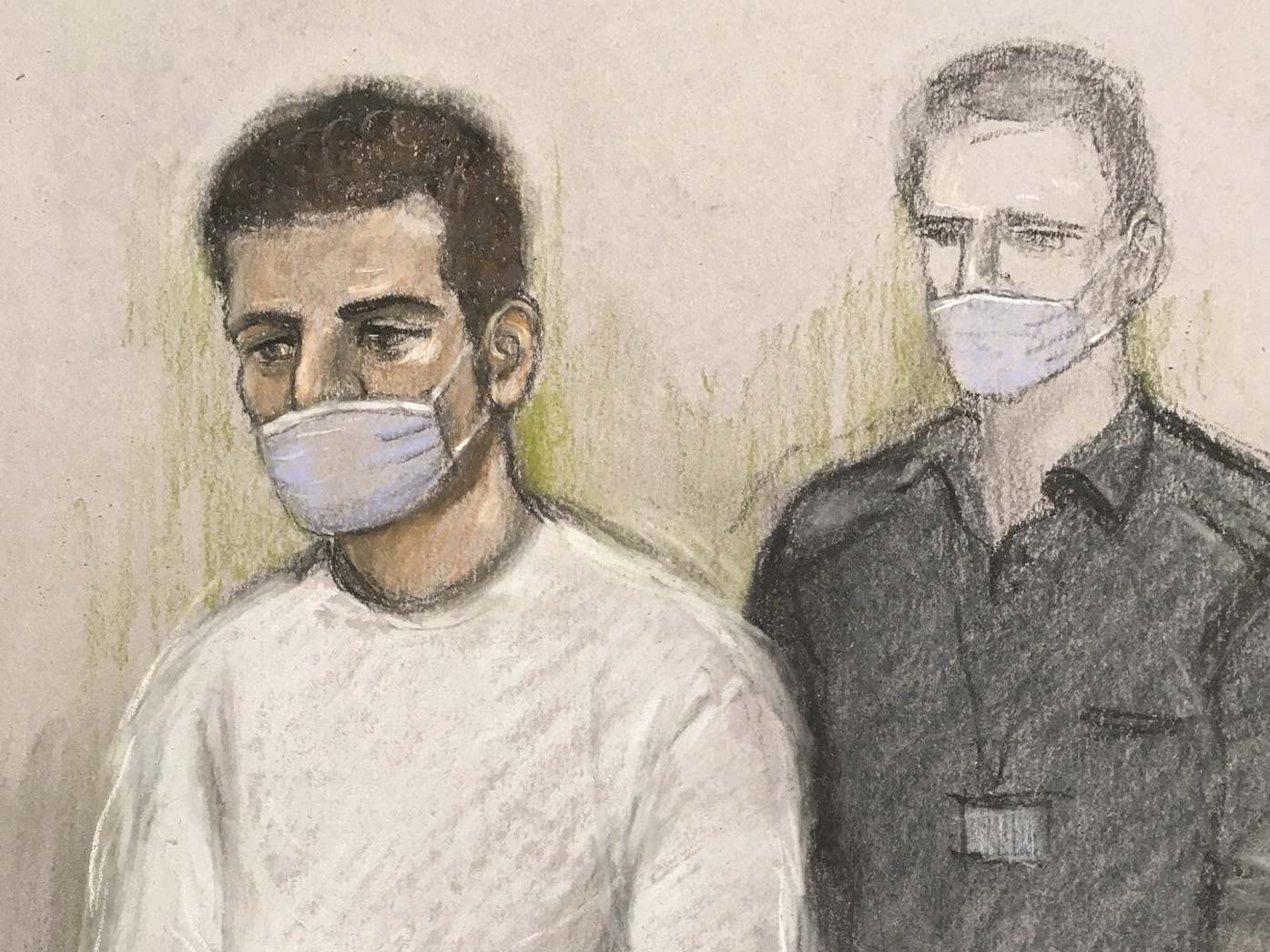 Court artist sketch by Elizabeth Cook of Khairi Saadallah appearing via video-link at Westminster Magistrates' Court, London on 29 June