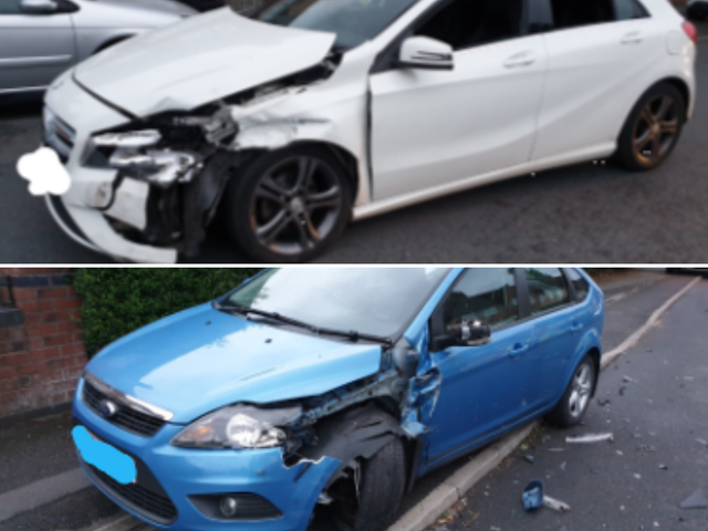 The aftermath of a crash involving a Mercedes and Ford Focus