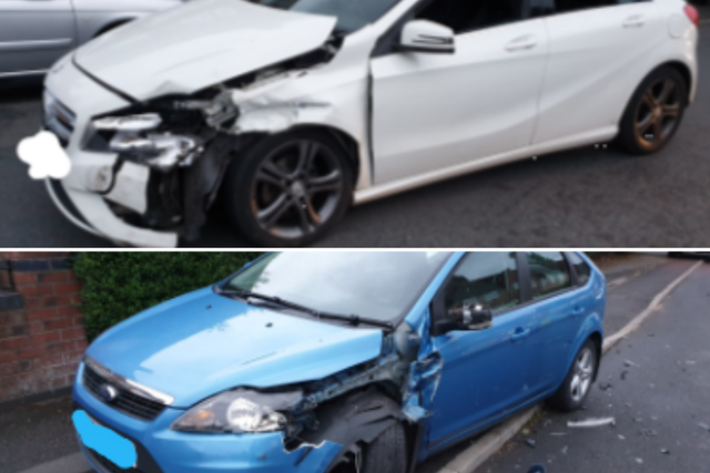 The aftermath of a crash involving a Mercedes and Ford Focus