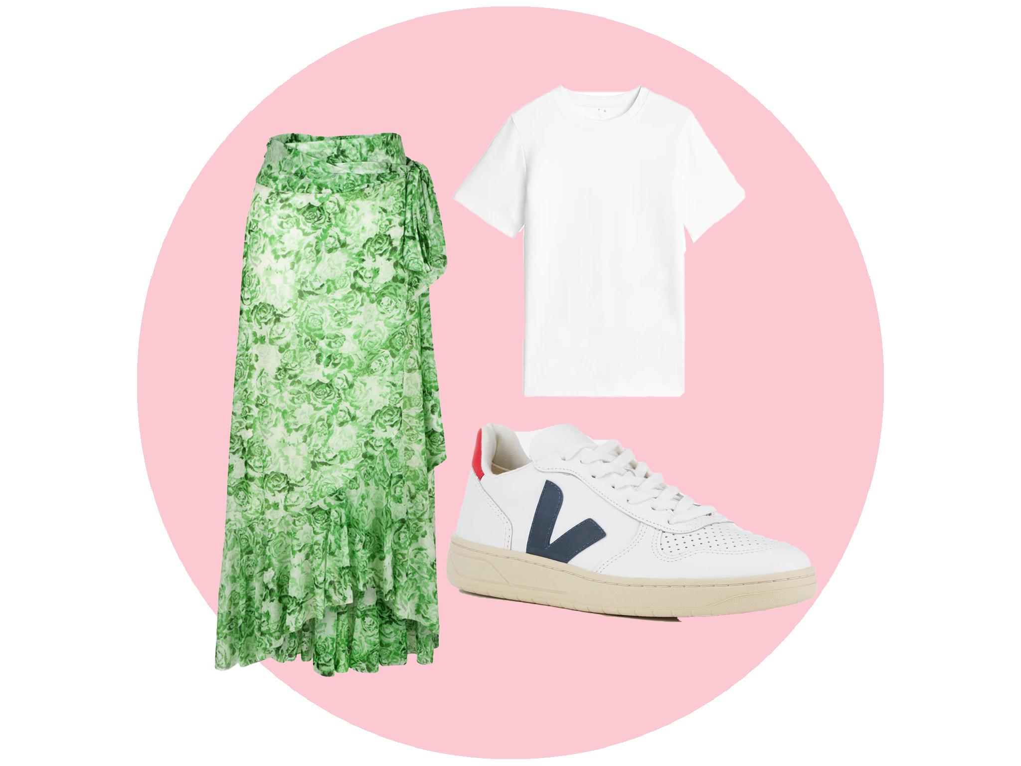 Green printed long skirt (24s, £69), white T-shirt (Uniqlo, £9.90), Vega trainers (Coggles, £115)