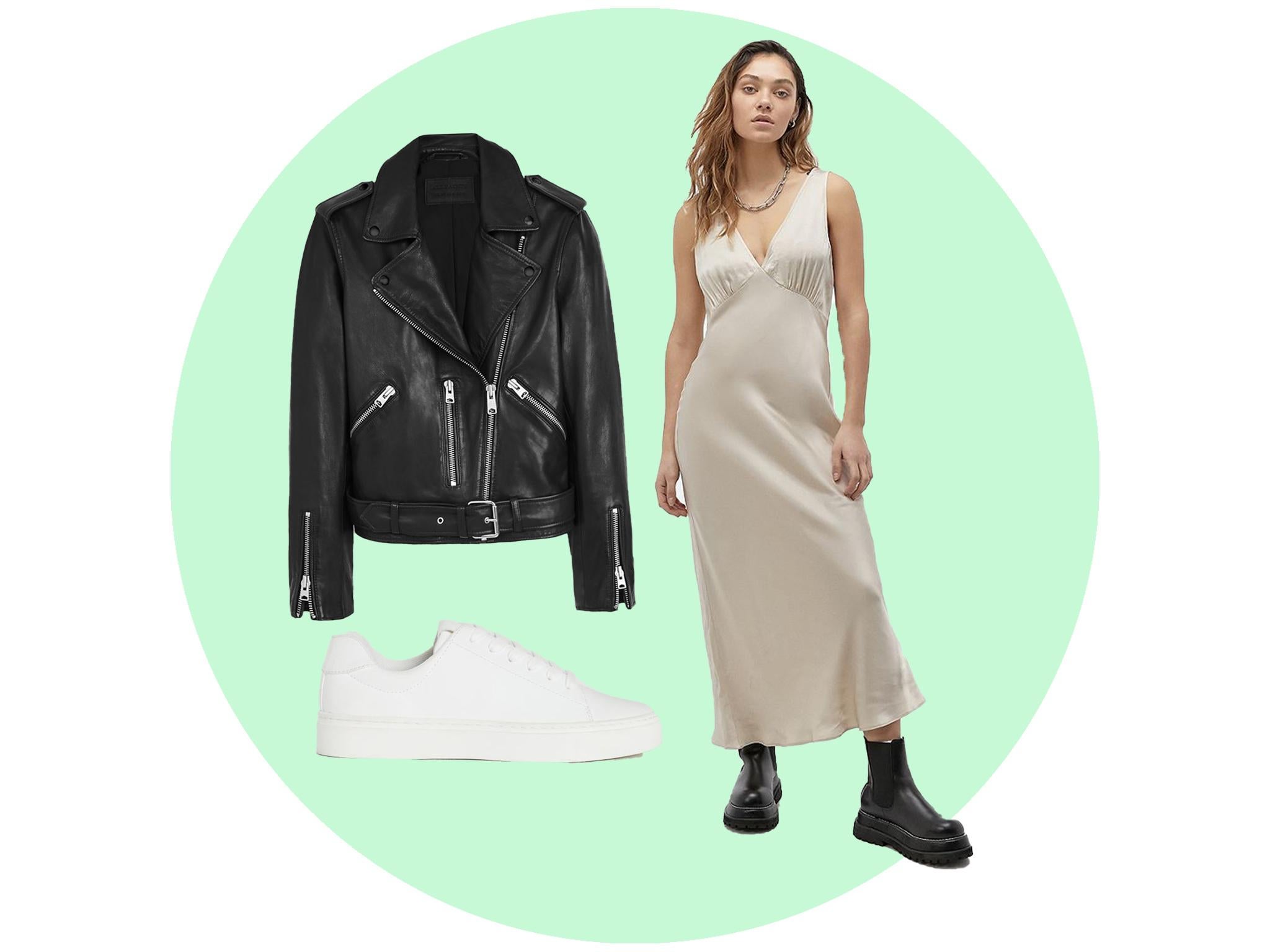 Slip dress (Urban Outfitters, £52), leather biker jacket (AllSaints, £318), white trainers (H&amp;M, £19.99)