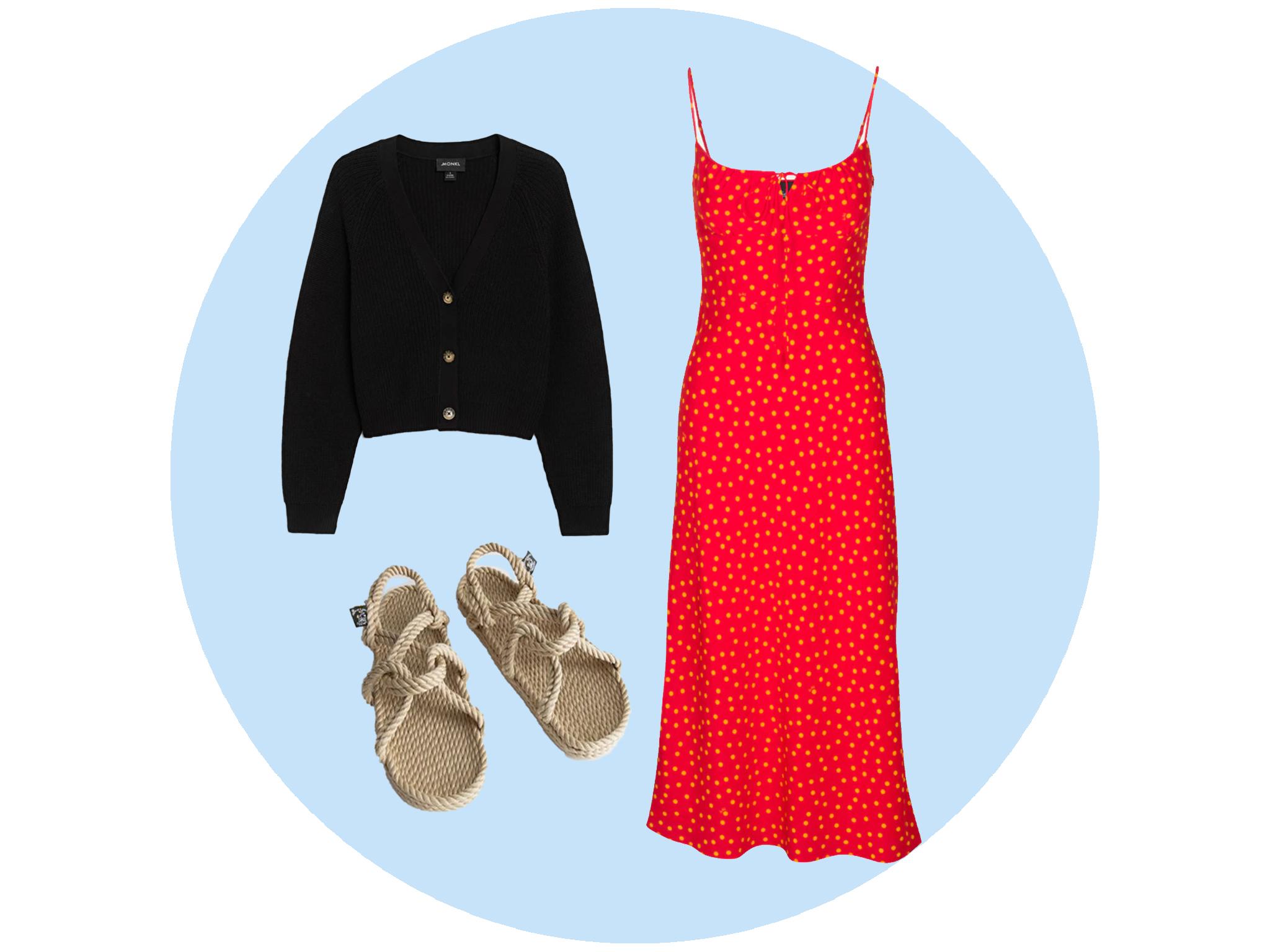 Dress (Realisation Par, £230), cardigan (Monki, £30), rope sandals (&amp; Other Stories, £59)