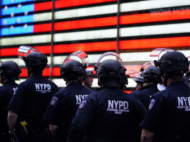 NYPD officers gather at a Black Lives Matter protest in Times Square