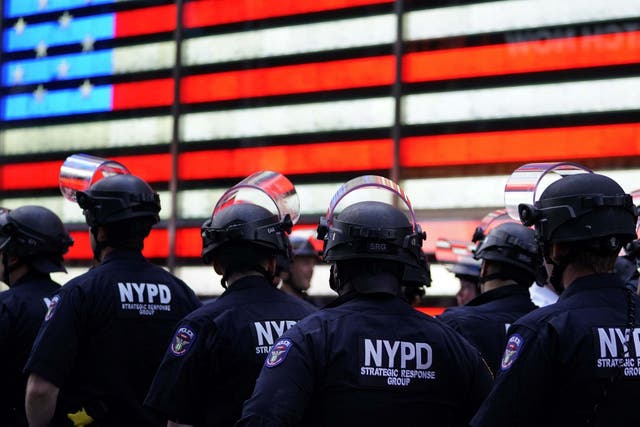 NYPD officers gather at a Black Lives Matter protest in Times Square