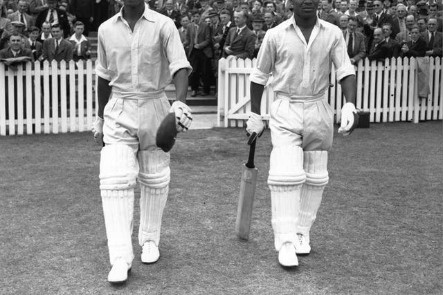 Weekes (right) walks out with Frank Worrell at Trent Bridge in 1950