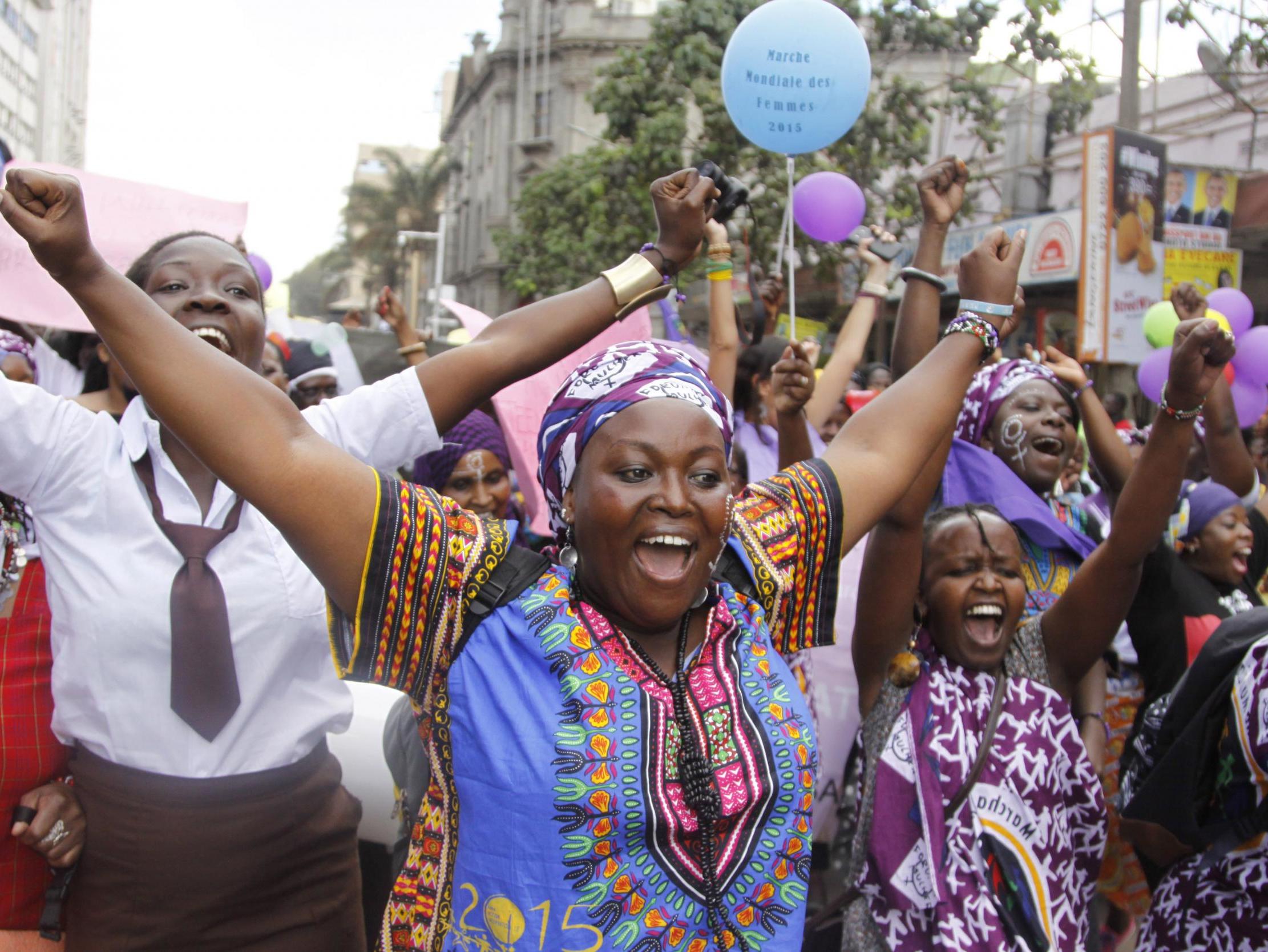 In this 2015 photo, women from Kenya, Uganda, Tanzania, Rwanda and Burundi participate in the world march of women in Nairobi, Kenya. The World Health Organization says FGM constitutes an ‘extreme form of discrimination’ against women