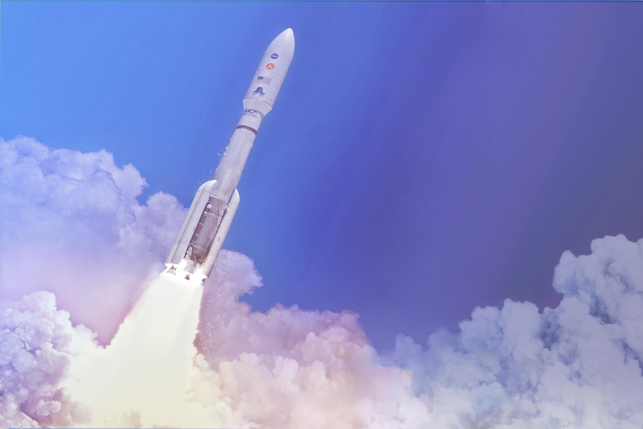 In this artist's concept, a two-stage United Launch Alliance (ULA) Atlas V launch vehicle speeds the Mars 2020 spacecraft toward the Red Planet