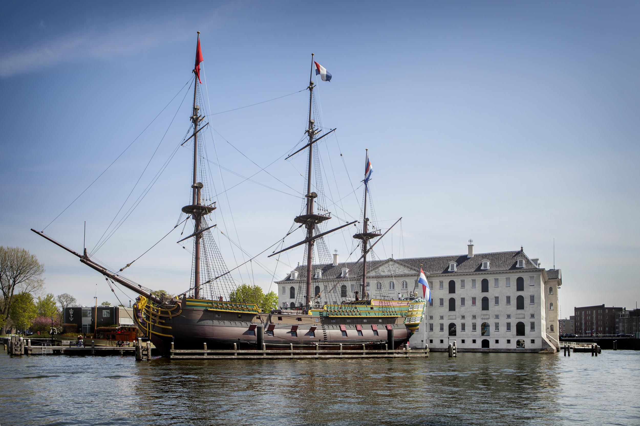 A replica VOC ship moored in Amsterdam's Oosterdok