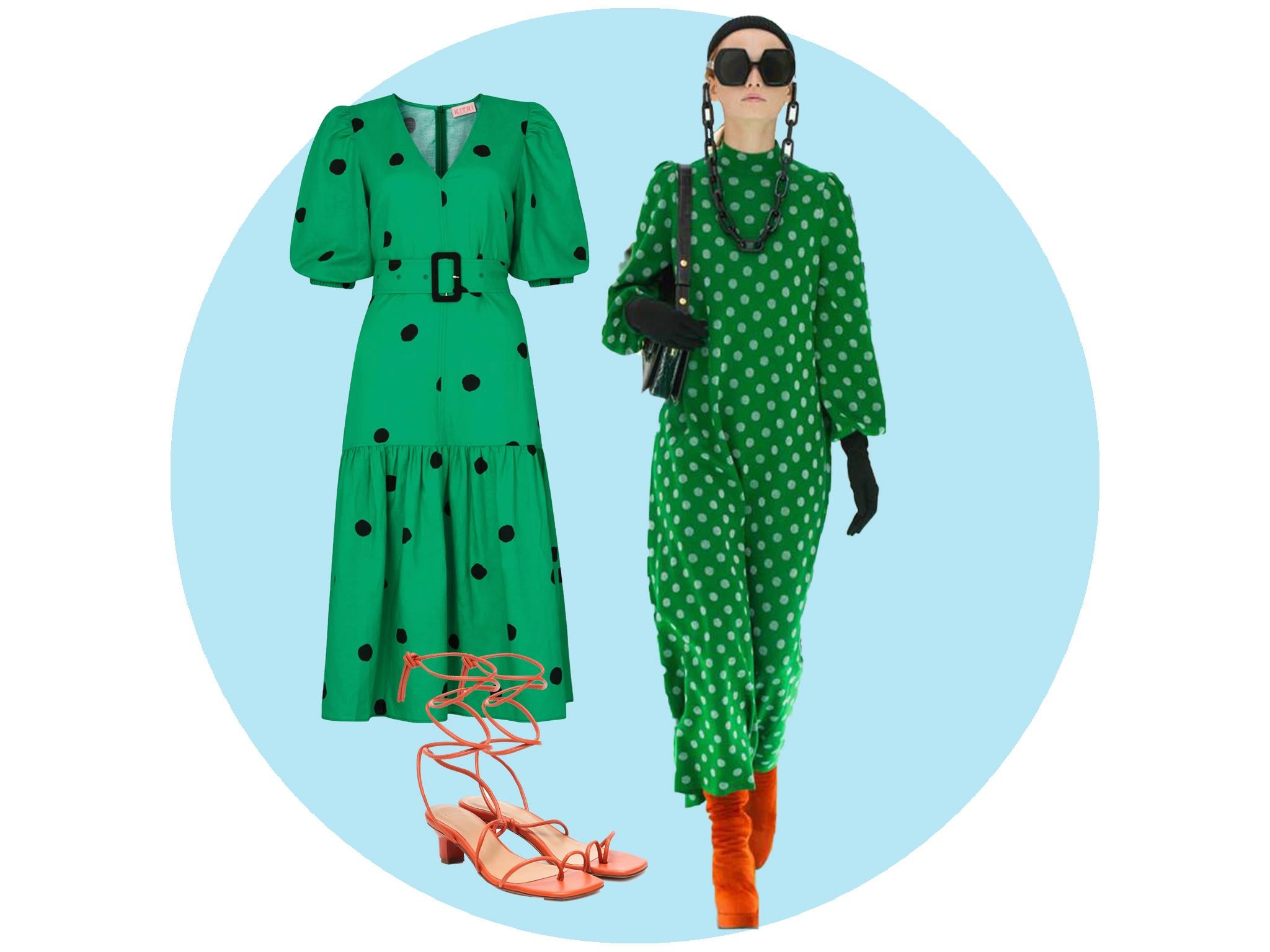 Jenny green polka dot linen dress (Kitri, £145), Loq sandals (My Theresa, £145), Gucci