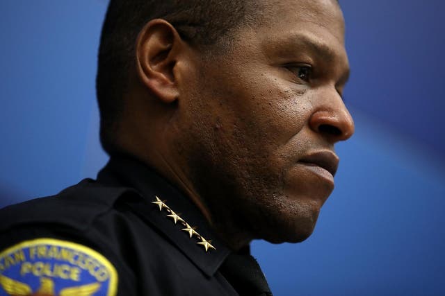 San Francisco police chief William Scott looks on during a press conference at San Francisco police headquarters