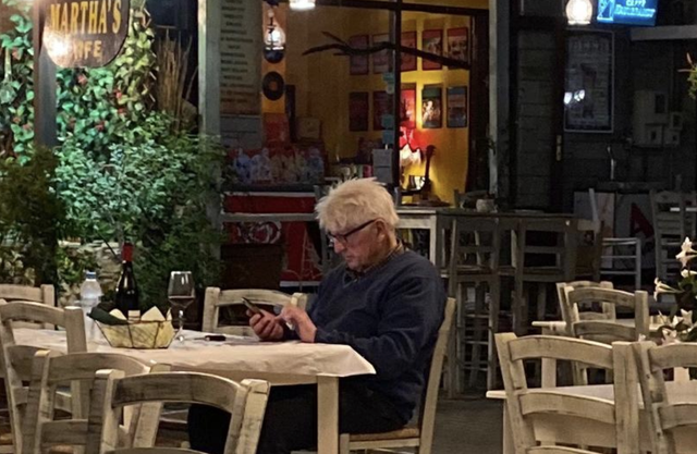 Land of contentment: Stanley Johnson at Martha's Taverna in the Pelion on 2 July 2020