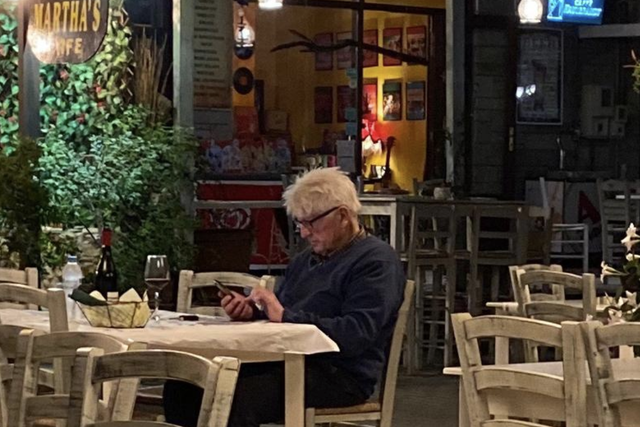 Land of contentment: Stanley Johnson at Martha's Taverna in the Pelion on 2 July 2020
