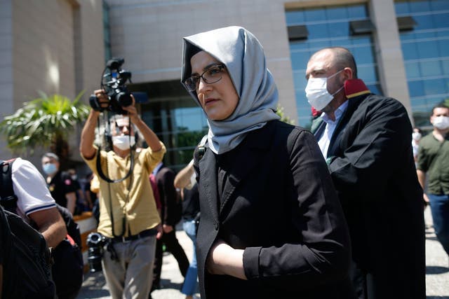 Hatice Cengiz, the fiancée of slain Saudi journalist Jamal Kashoggi, leaves court in Istanbul on Friday 3 July