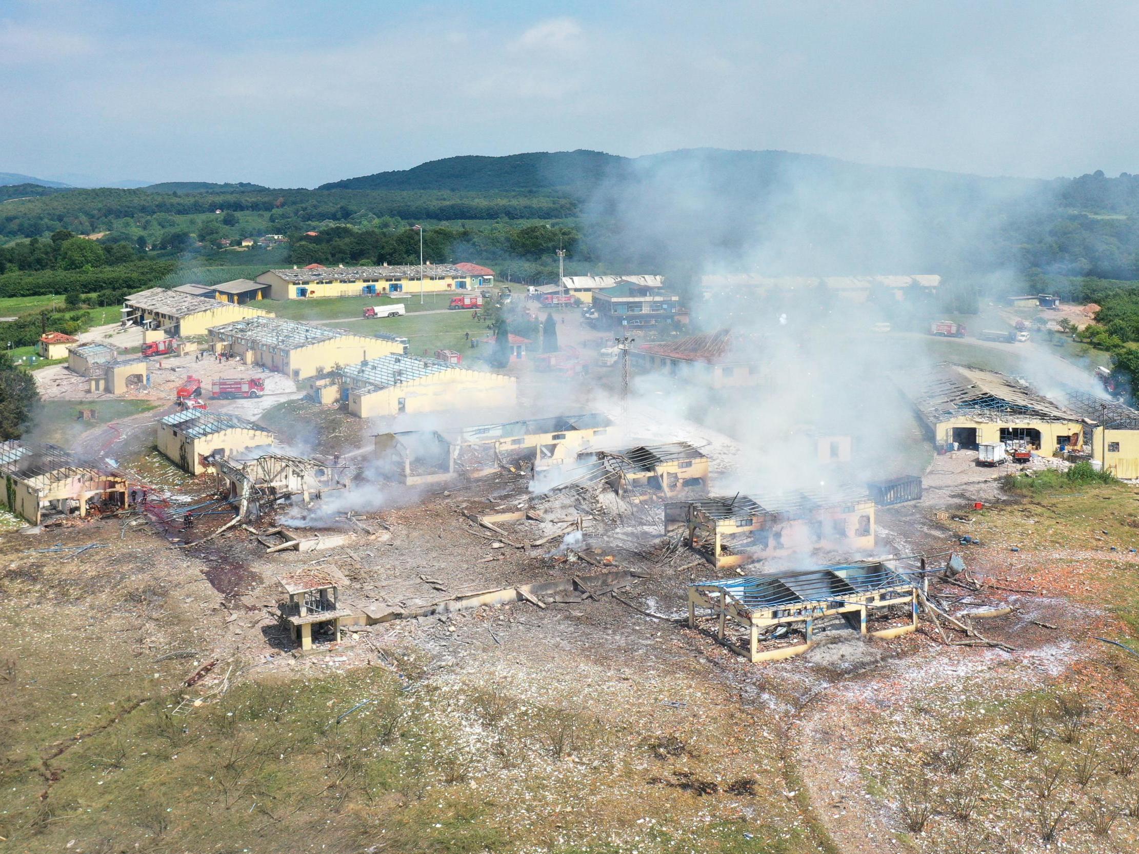 A drone photo shows smoke rising after an explosion at a firework factory in Hendek district of Sakarya, Turkey on 3 July, 2020.