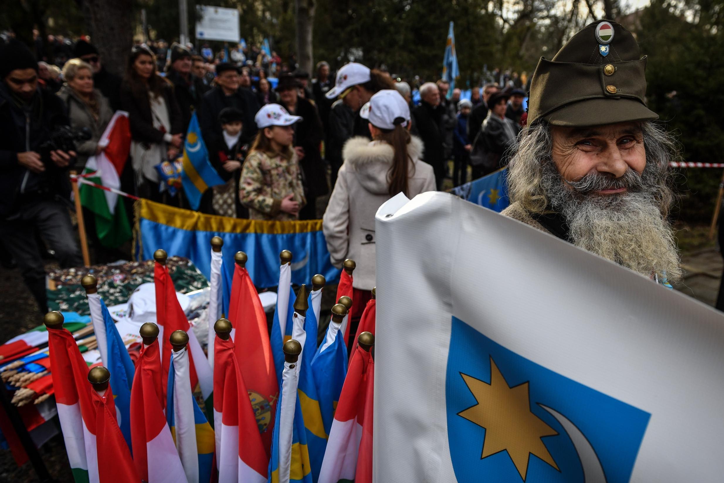 A member of the Hungarian minority in Romania sports a historical military outfit during the annual Szekler’s Day parade