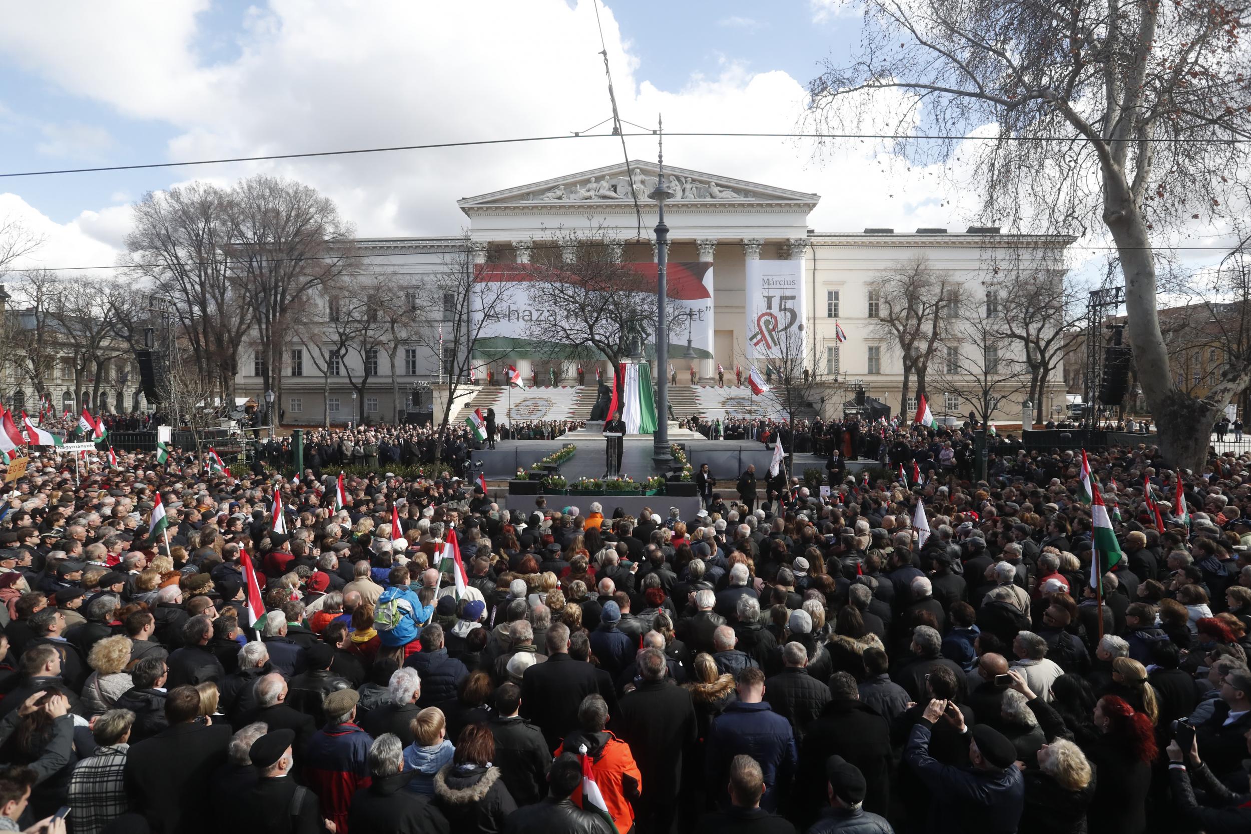 Orbán delivers a speech during Hungary’s National Day, which commemorates the 1848 revolution against the Habsburg monarchy