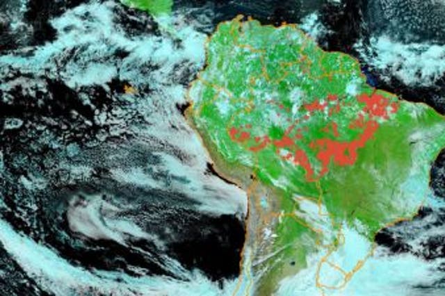 Aerial images of fires in Amazon rainforest with the red dots representing fire hotspots in June 2020
