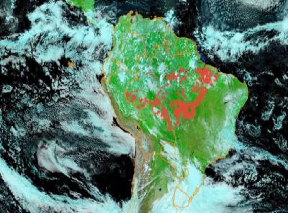 Aerial images of fires in Amazon rainforest with the red dots representing fire hotspots in June 2020