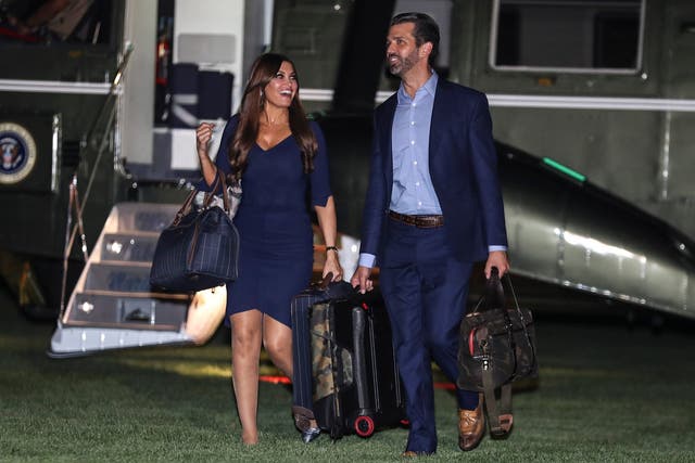 Donald Trump Jr and Kimberly Guilfoyle arrive at the White House after a trip to Cincinnati, Ohio