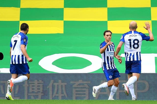 Leondro Trossard celebrates after putting Brighton in front of Norwich
