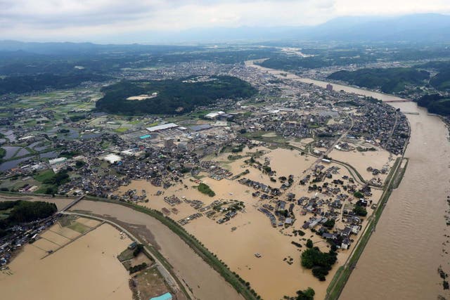 An aerial view of the floods in Hitoyoshi, Kumamoto prefecture, southwestern Japan, 4 July 2020