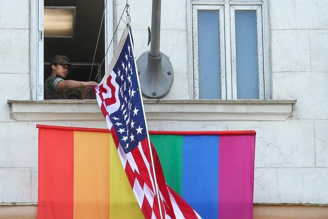 Mr Putin said the US embassy’s move to raise the LGBT+ pride flag ‘revealed something about the people that work there’