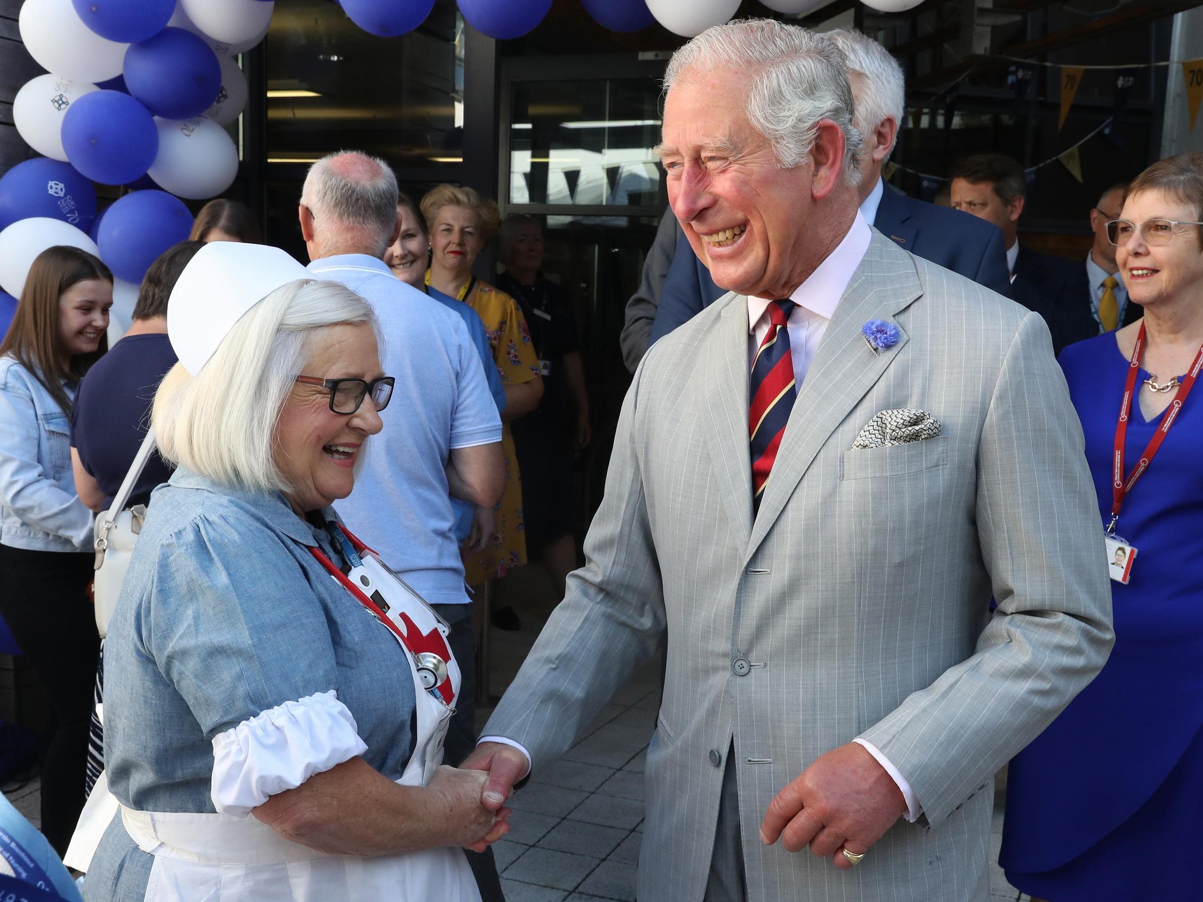 Prince Charles meets hospital staff as he visits Ysbyty Aneurin Bevan to celebrate the 70th Anniversary of the NHS on 5 July 2018
