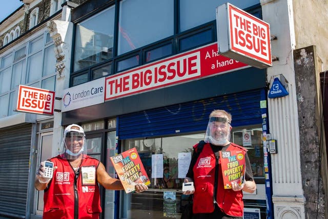 Big Issue Vendors Will Herbert (left) and Mike Danks wearing the PPE that they will be using from Monday, when they return to selling the magazine for the first time since lockdown