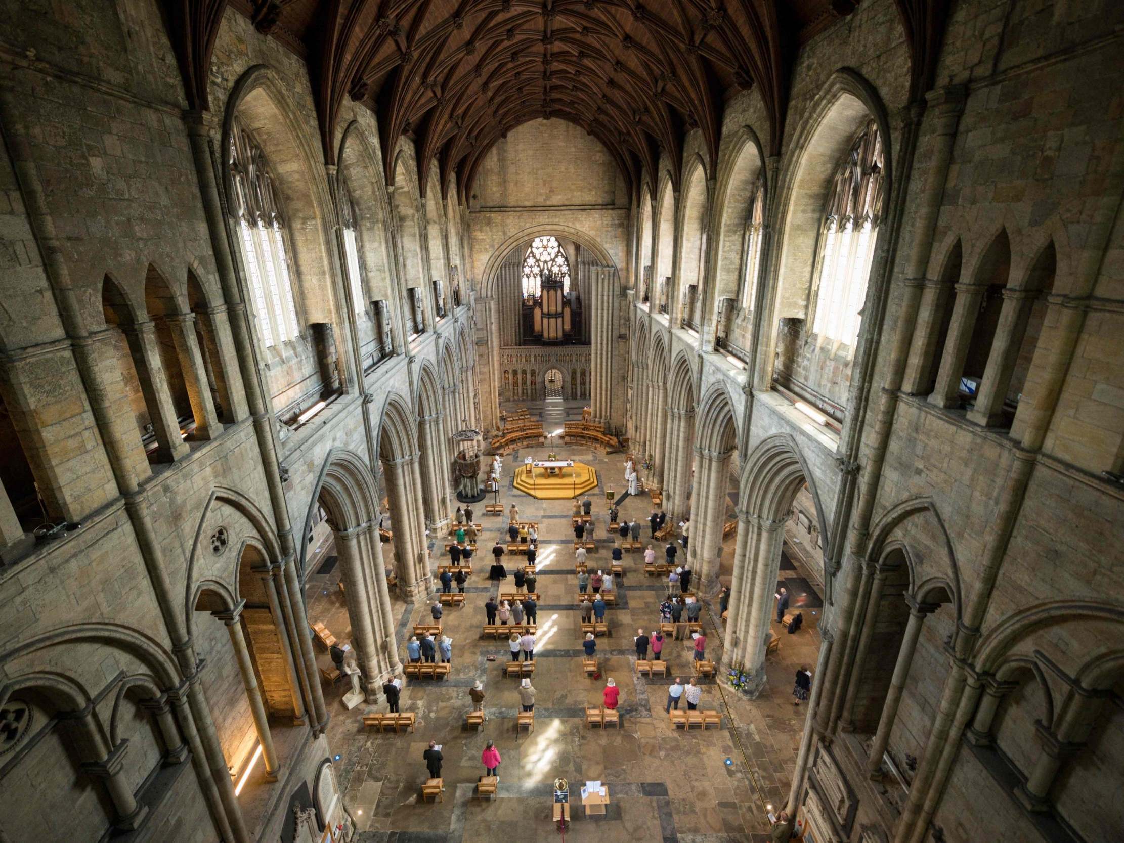 The Very Reverend John Dobson, Dean of Ripon Cathedral, leads the main Sunday service of Eucharist on the second day of permitted public worship, the first day of Holy Communion being offered to the congregation since the government-imposed lockdown