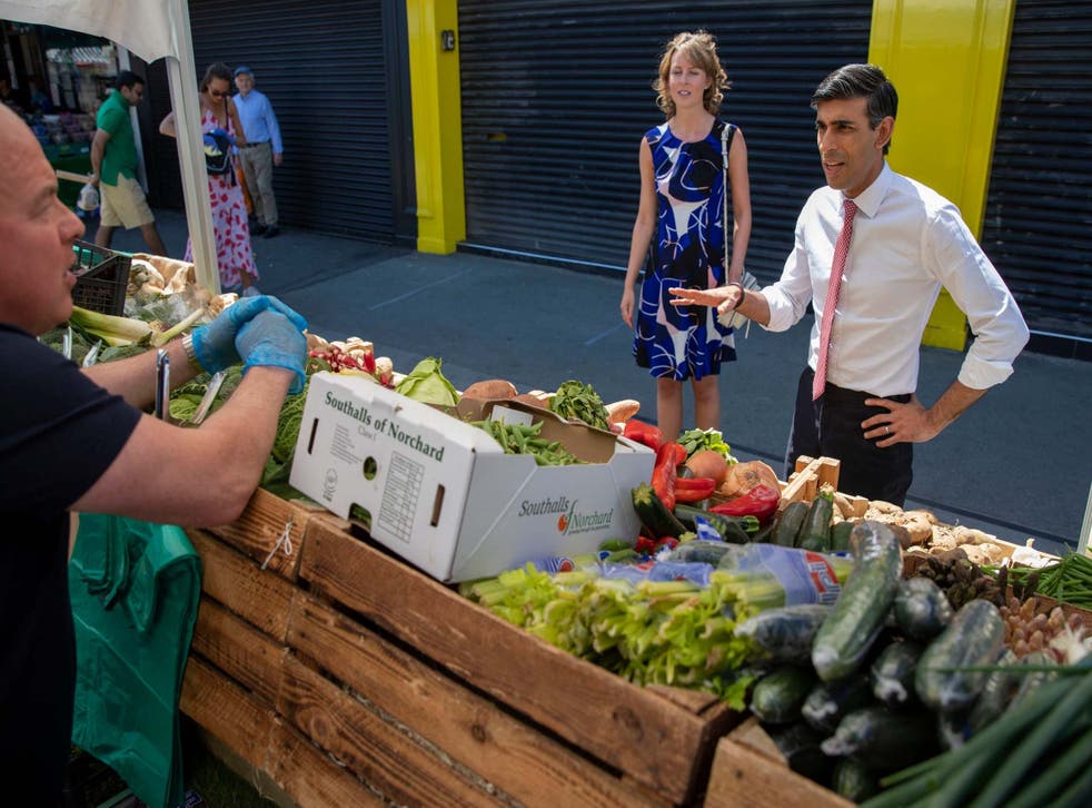 Rishi Sunak visits Tachbrook Market in Westminster on 1 June, the first day open-air markets reopened after lockdown restrictions were eased